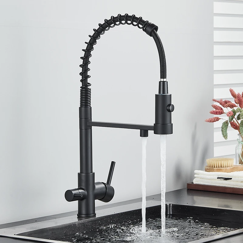 Matte Black Kitchen Faucet Pull Out Spray 360 Rotation Filter Tap Three Ways Spout Filtered Crane Sink Mixer Kitchen Faucet