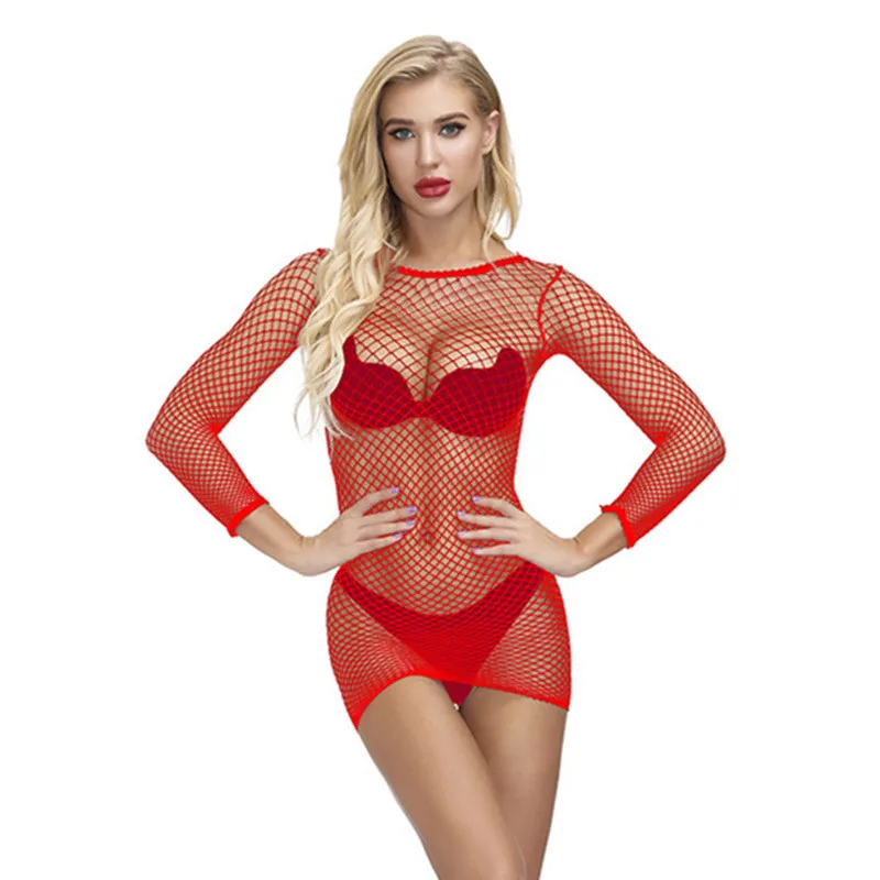 Sexy Fishnet Mesh Club Dress Summer Long Sleeve See Through Mini Dress Women Round Collar Ladies Dress Beach Plus Size Outfit