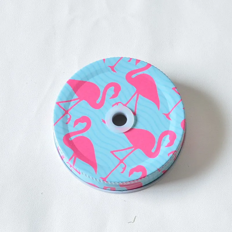 Color Perforated Tinplate Mason Jar Lids With Straw Hole Flower Drinking Glass Cover Kids Adult Parties Drinking Accessories