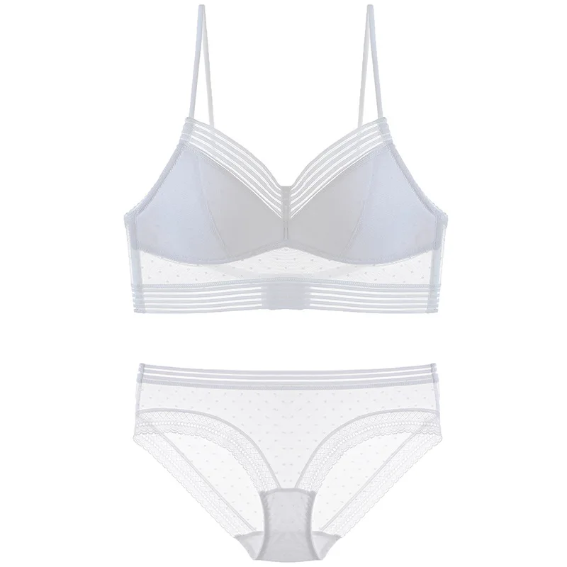 Sexy U Backless Invisible Bra Set Thin Cup Striped Polka Dots Mesh Bra and Panties Set Underwear without Stones Lingerie Women