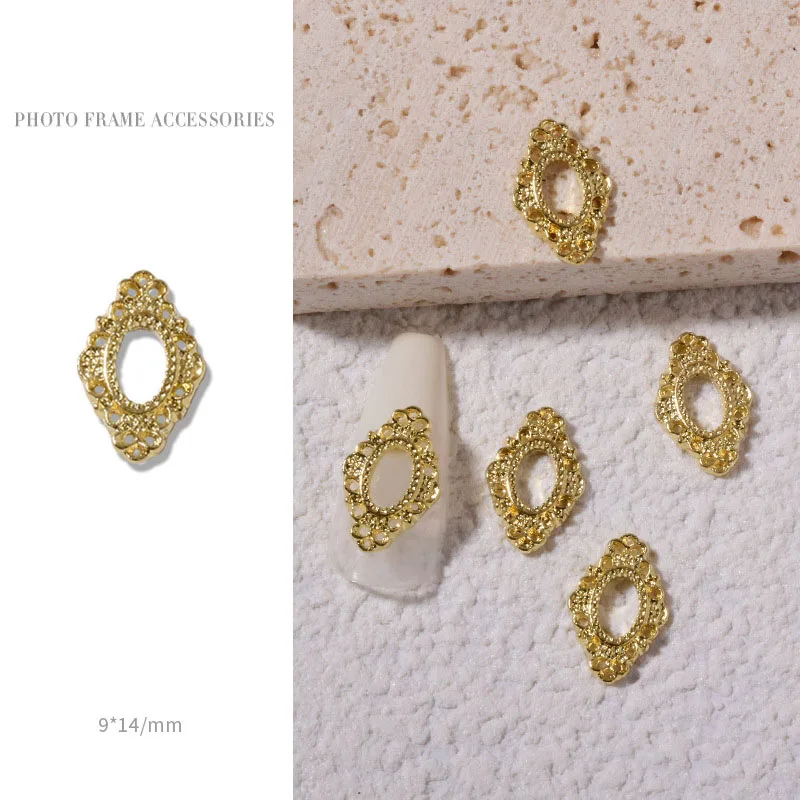 Retro Gold Metal Hollow Photo Frame, 3D Charm, Alloy Studs, Jewelry for Nail Art Decorations, Manicure Accessories, 5Pcs