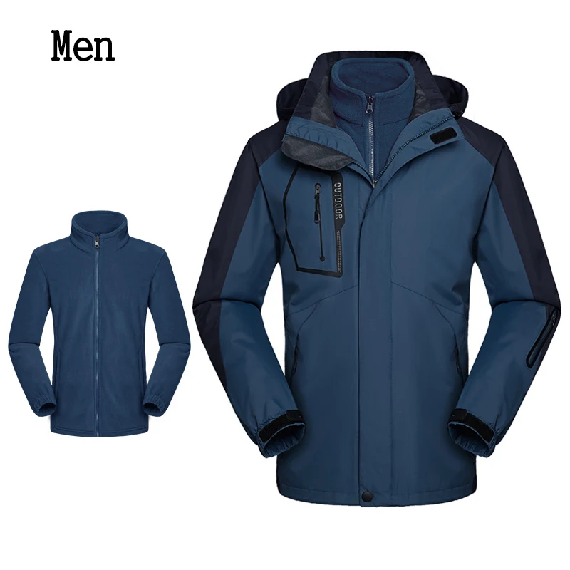 New Outdoor 2 in 1 Autumn Winter Jackets Men Women Waterproof Camping Fishing Hiking Hooded Windbreaker Warm Plus Size Outerwear
