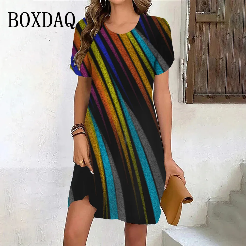 New Summer Fashion Gradient Rainbow Stripe Short Sleeve Dresses For Women 2024 Plus Size Casual O-Neck Print Loose Party Clothes