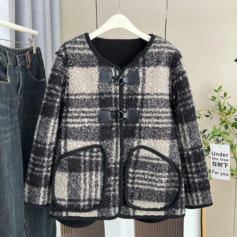 Chic Fleece-lined Woolen Coat Women 2024 Plus Size Autumn Winter Loose Casual Plaid Jacket 694