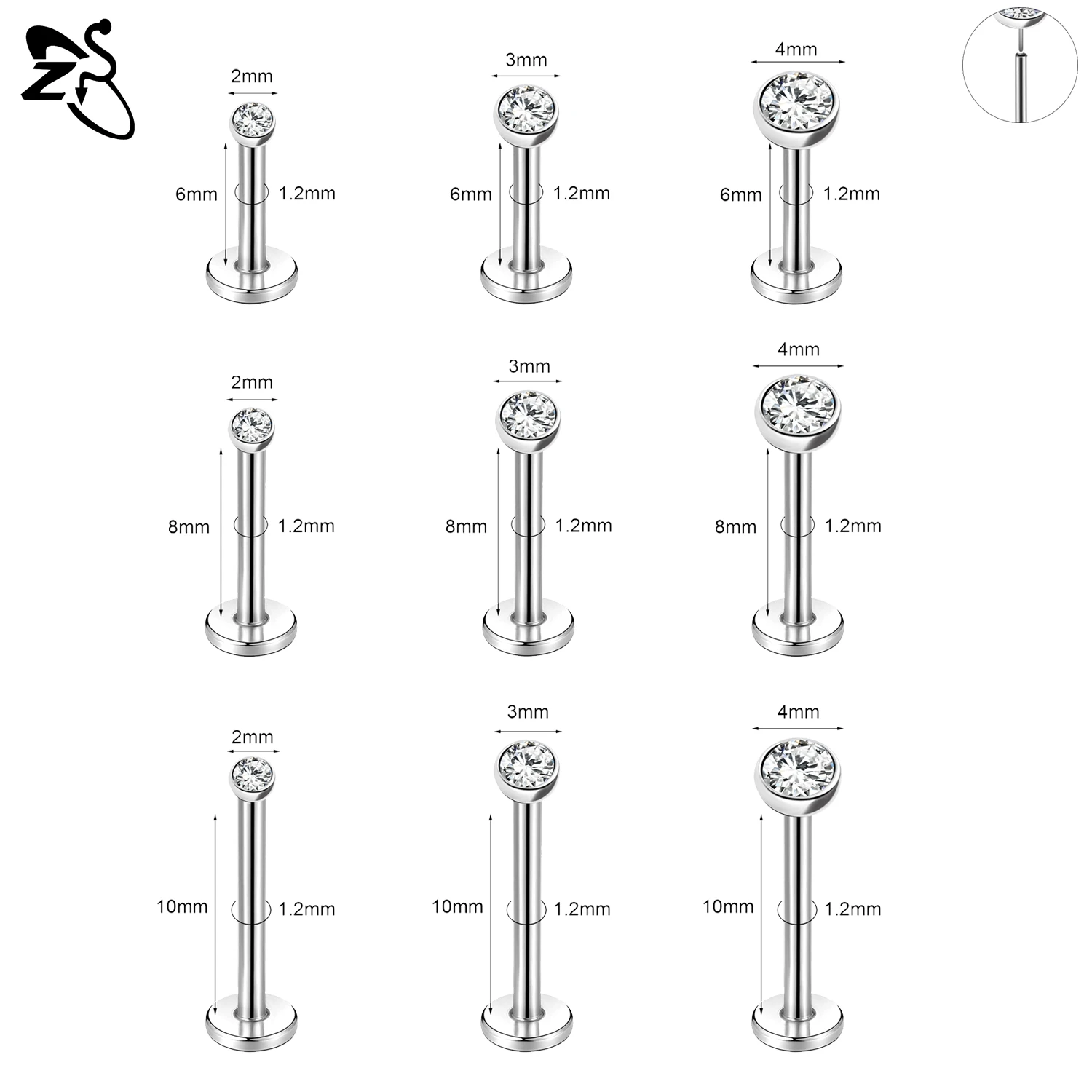 ZS 1 PC Plug-In Style 16/18/20G Stainless Steel Labret Lip Stud Threadless Monroe Piercing Ear Helix Cartilage Piercings Jewelry