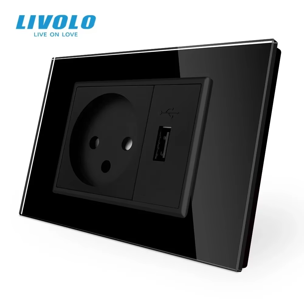 New Livolo Israel Socket with Usb Charger , White/Black Crystal Glass Panel, AC 250V16A  Wall Power Outlets , VL-C9C1IL1U-11