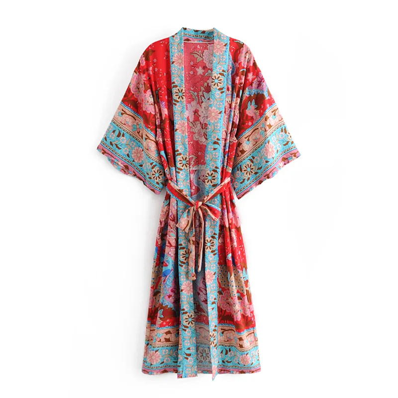 Boho Queens Women Red Floral Print Sashes Bohemian Kimono Ladies V Neck Batwing Sleeves Maxi Robe Cover-ups