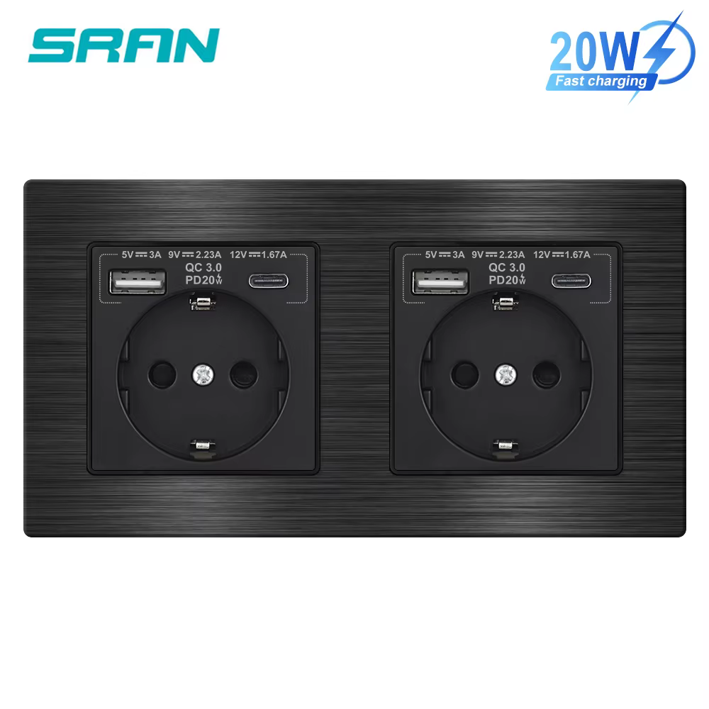 SRAN Double Sockets USB Type-c Fast Charging 20W, 82*82mm Aluminum Alloy Panel, Wall Electrical  Outlets home improvement