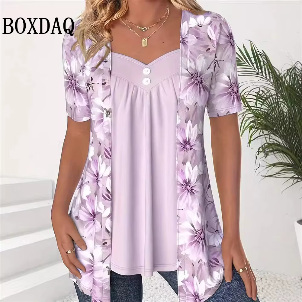 2024 New Women T Shirts Fashion Elegant Lady Fake Two Pieces Flower Print Shirts Casual Short Sleeve Button Loose Tops Plus Size