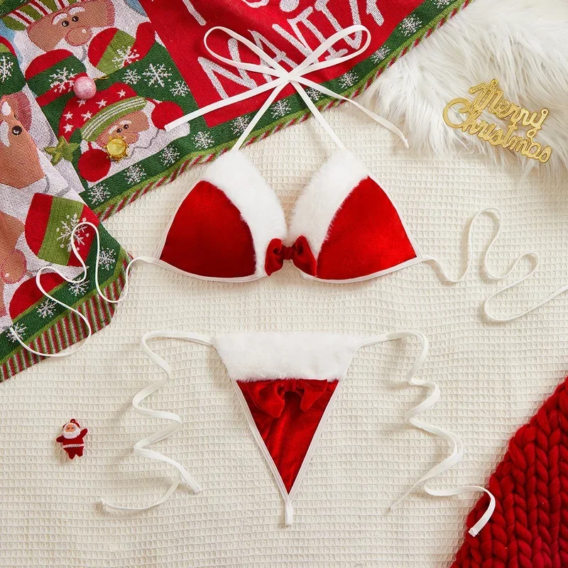 Christmas Sexy Lingerie Red Velvet Bowknot Bras and Briefs Suit Women Underwear Sets Adult Sexy New Year Costume
