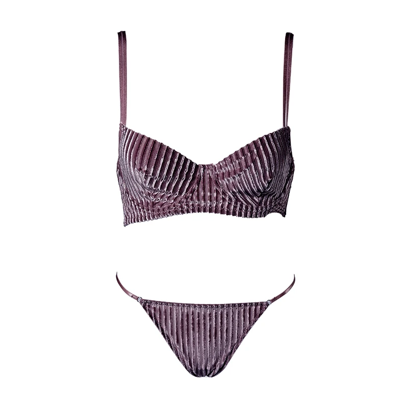 Hot Sale V-shape Underwire Ribbed Women Bra and Briefs Set Polyamide Women Underwear Sets Push-up Bra and Thongs Set