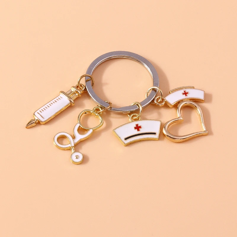 Cute Enamel Doctors Medical Stethoscope Syringe Keychain Nurse Hat Key Rings for Men Women Handbag Pendants DIY Jewelry Gift