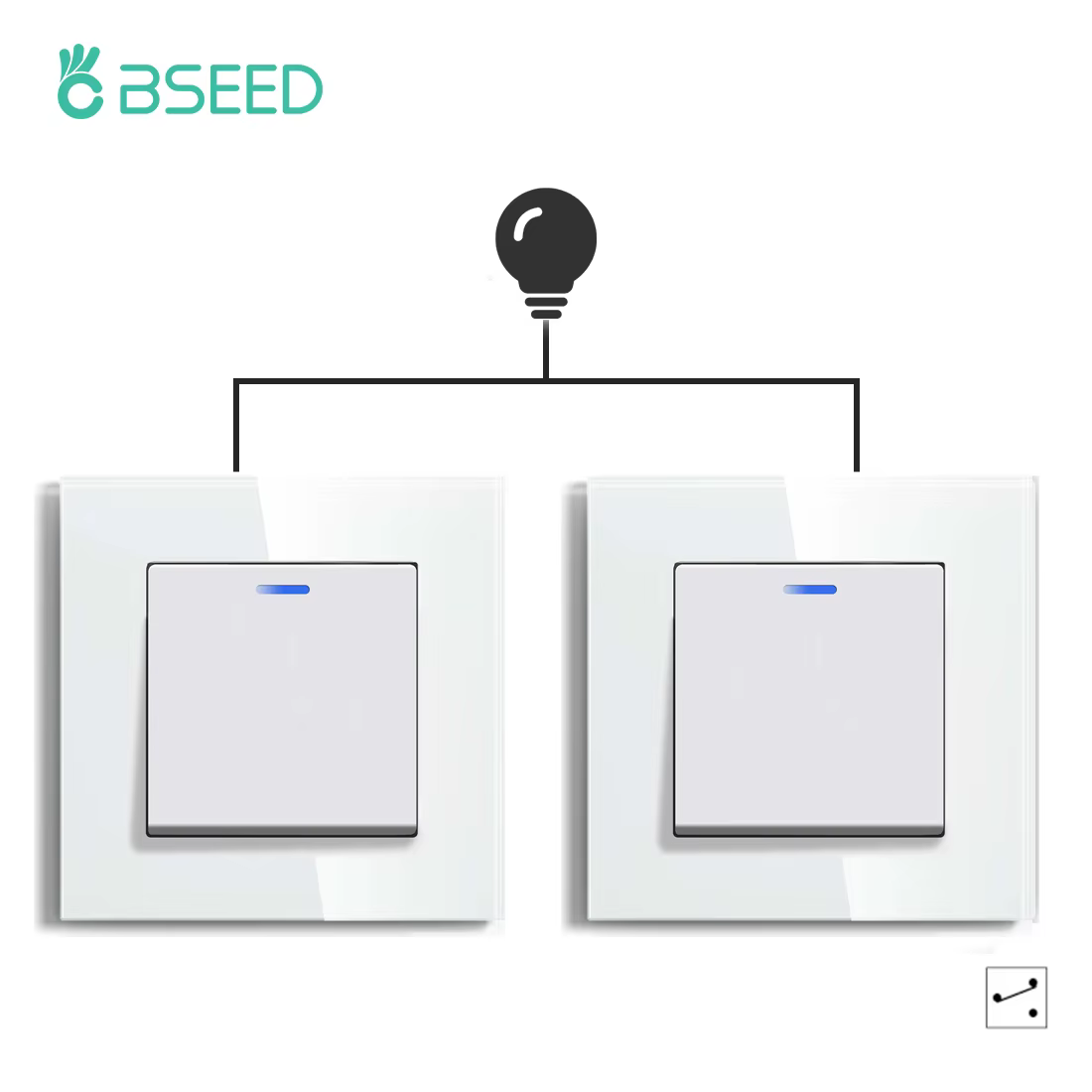 BSEED 2Packs EU Standard Wall Light Switch 1/2Gang 2Way Mechanical Button Switch Glass Frame10A 250V Wall Switch for Stairs