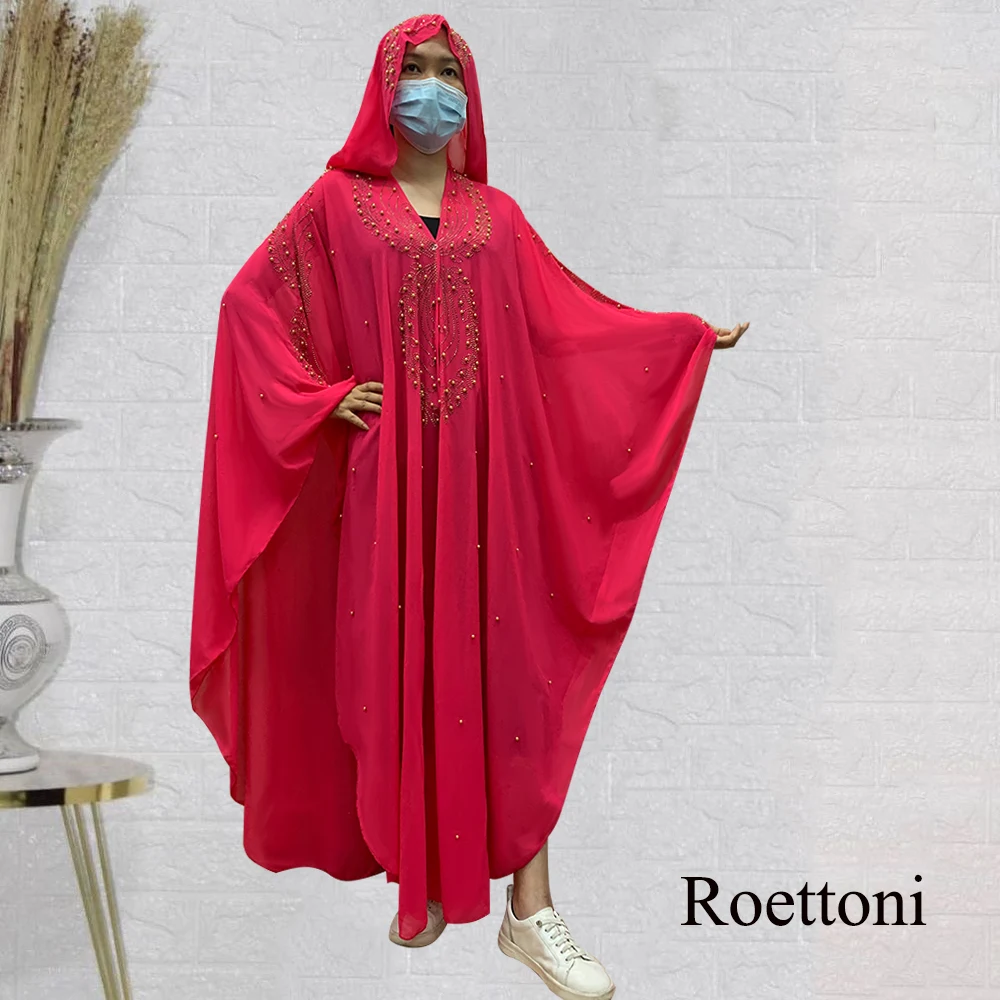 Muslim Kaftan Abaya Dress Women Dubai Open Outfit Turkish Stones Chiffon Hooded Dress Elegant African Loose Boubou Beads Luxury