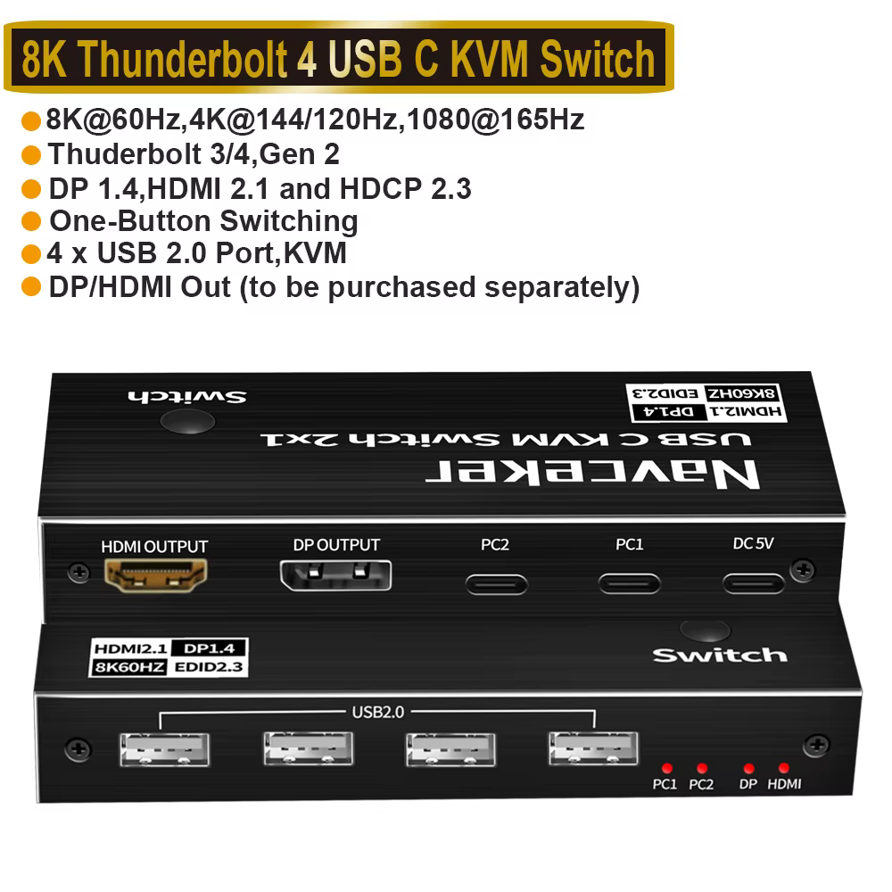 Navceker 2x1 8K Thunderbolt 4 USB C KVM Switch 100W PD Charge 4K 144Hz Type C KVM Switch Switcher for 2 Laptop Macbook 1 Monitor