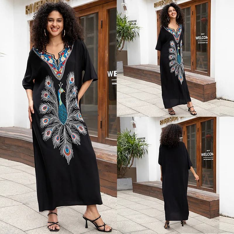 Swimsuit Cover Ups Embroidery V Neck Short Sleeve Swim Cover Up for Women Kaftan Dresses