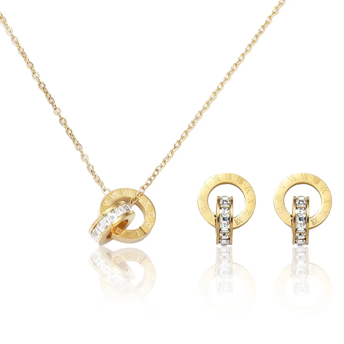 European and American personality trend Roman diamond double ring shell necklace earring set for women, 18K real gold does not f