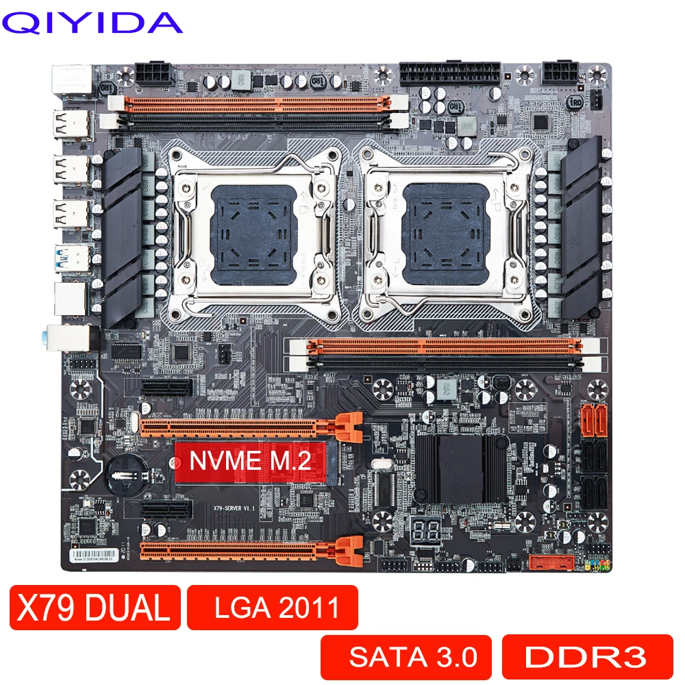 Qiyida X79 Dual CPU Motherboard LGA 2011 4 * DDR3 REG ECC USB3.0 Sta3 PCI-E 3.0 With Process Motherboard
