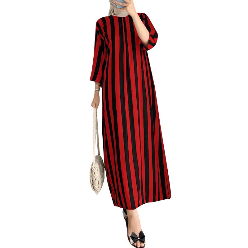 ZANZEA Women Muslim Fashion Striped Dress Islamic Hijab Style Casual 3/4 Sleeve Abaya Robes Autumn 2024 Daily Vestidos Kaftan