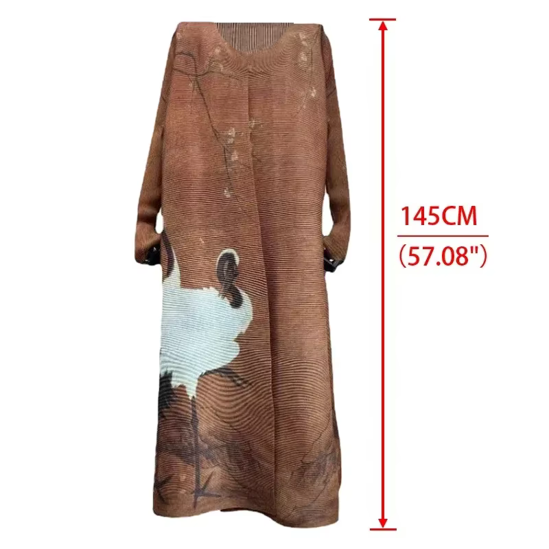 Miyake Pleated  Turn-down Collar Long Sleeve Long Jacket Women 2023 New Vintage Printed Design Plus Size Coats Clothing