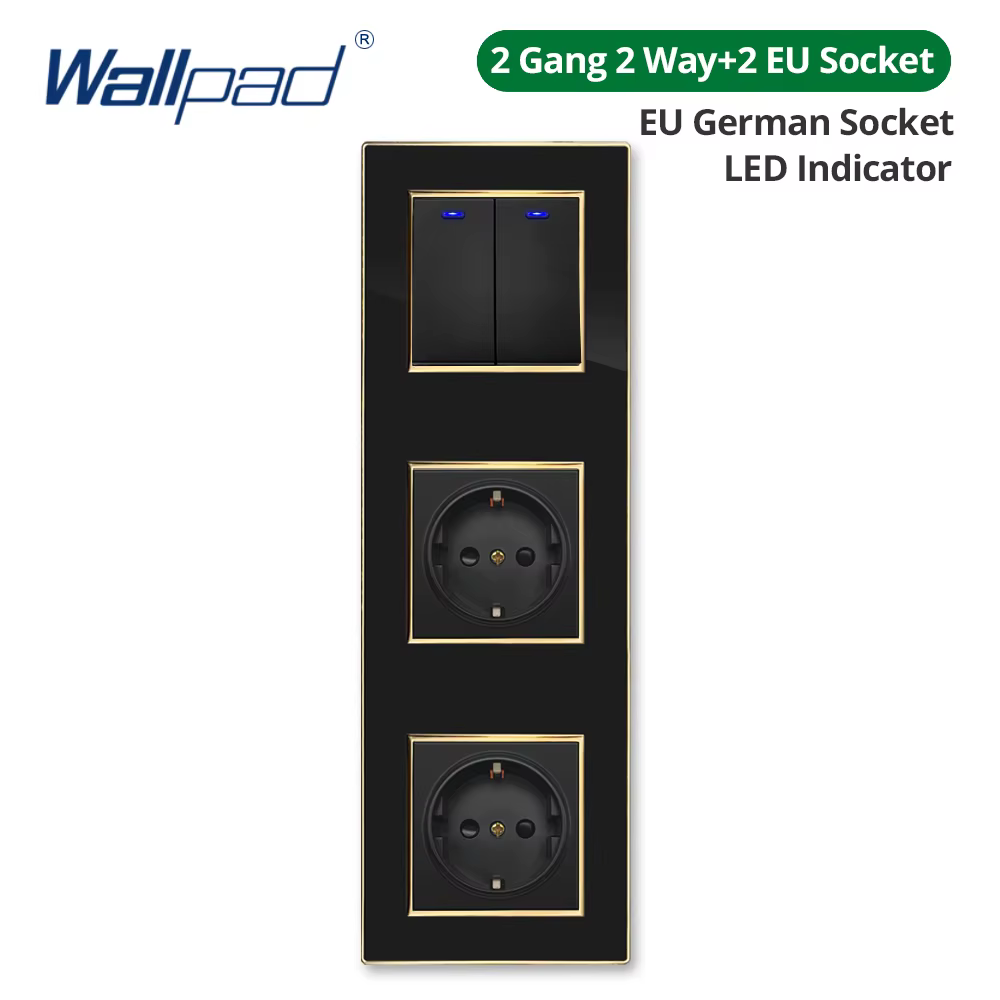 Wallpad 258*86mm Triple Black Acrylic Panel Gold Border Wall Light Switch LED Indicator USB EU Socket 5 6 7 8 Gang 2 Way