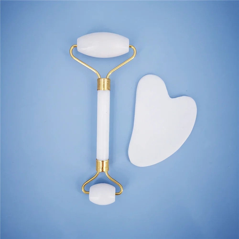New White Jade Stone Massage Natural Quartz Scraper Jade Roller Gua sha Set White Face Lifting Facial Massager Tool for Back
