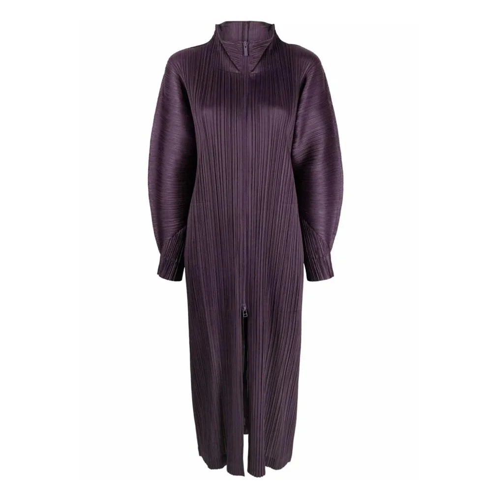 Miyake Pleated Women Zippered Turtleneck Long Sleeve Dress 2024 New Korean Fashion Designer Elegant Causal Plus Size Long Coats