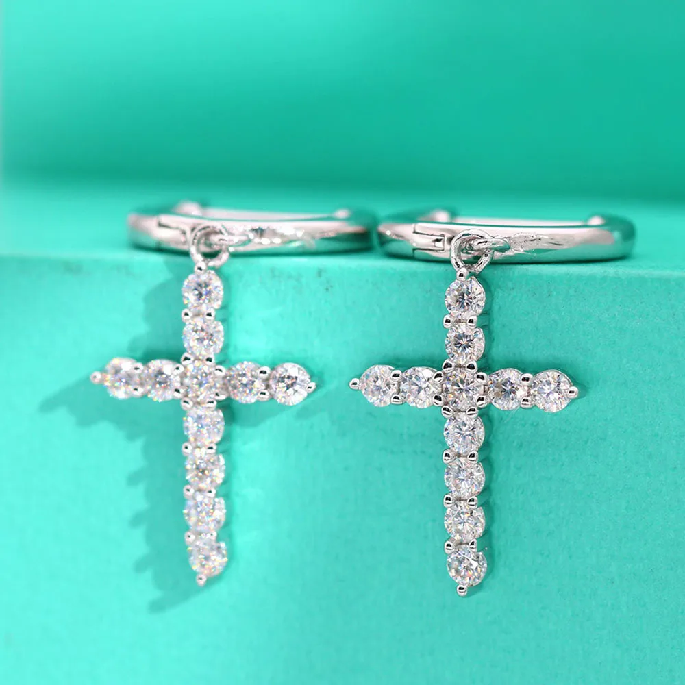 Serenity Day S925 Sterling Silver Plate Pt950 D Color 2mm Moissanite Cross Pendant Earrings Women's Buckles Stud For Wholesale