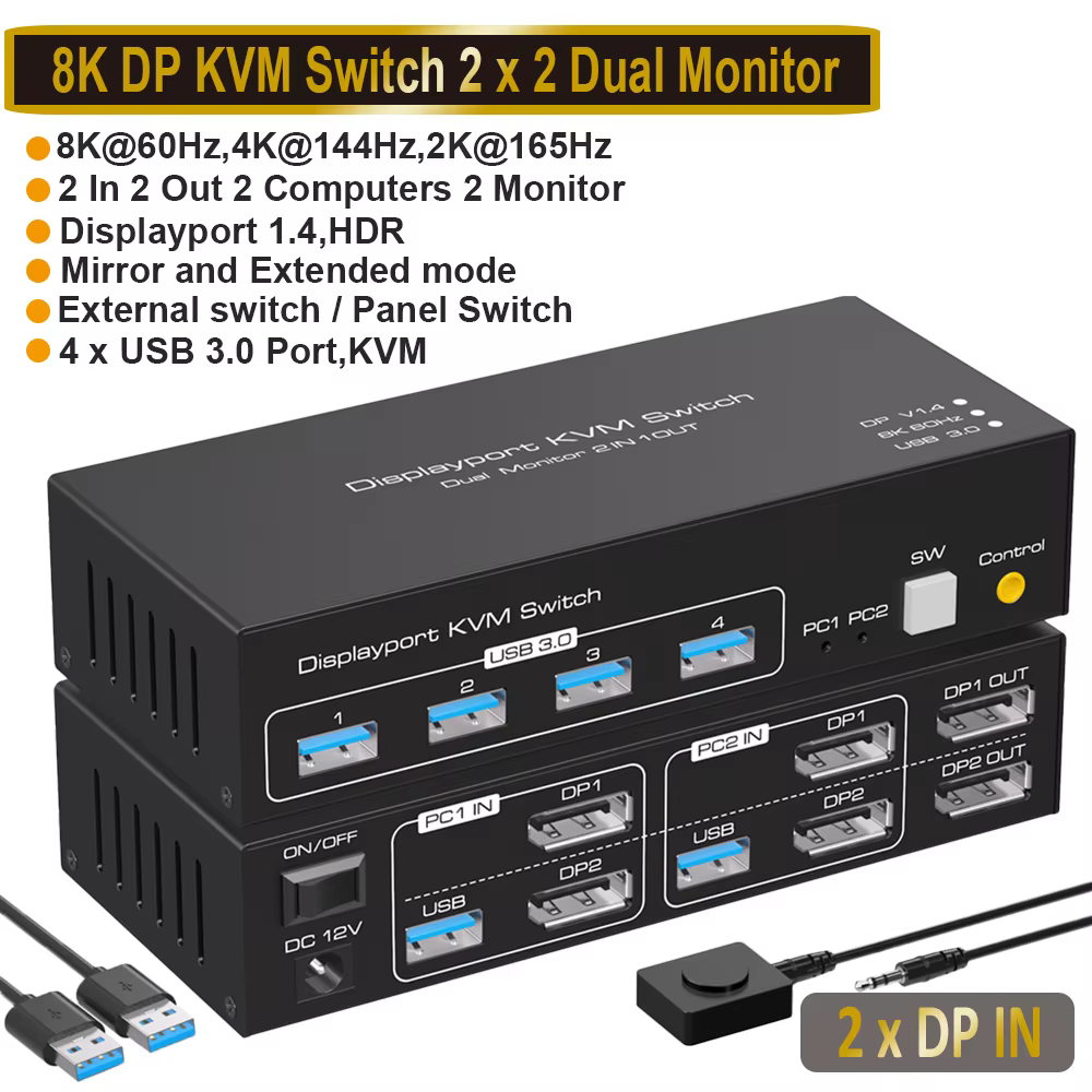 Navceker 2x2 HDMI DP KVM switch 4K 120Hz Dual Monitor Extended Display 8K USB KVM Switcher 2 in 2 out for 2 Computers 2 Monitors