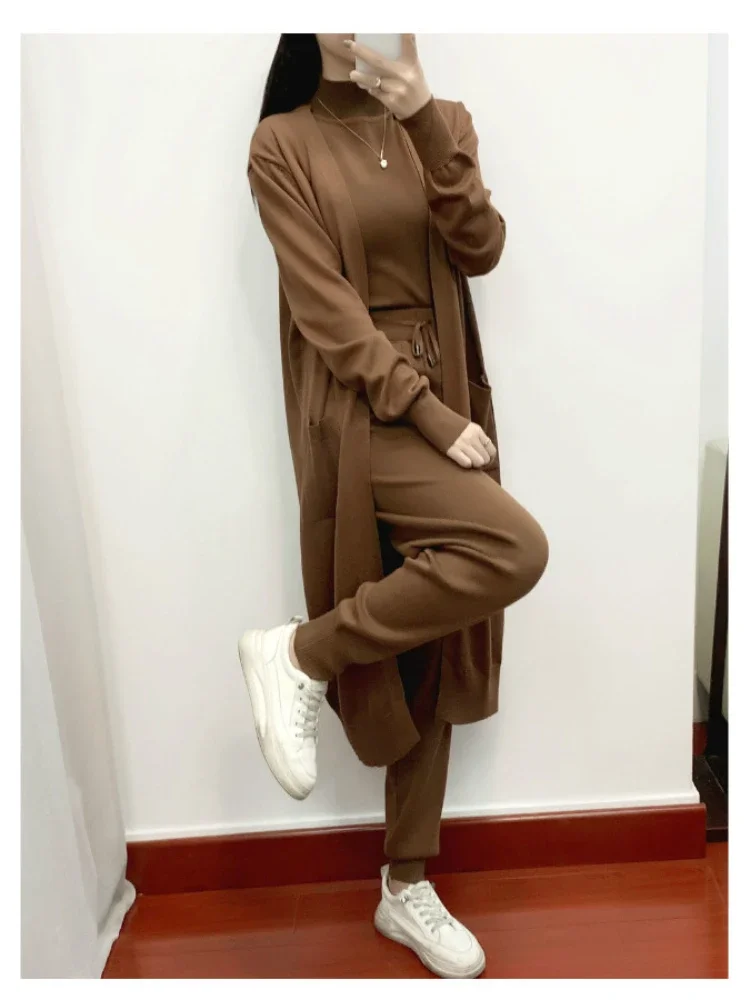 Winter Women Knitted 3 Pieces Set Muslim Casual Thicken Long Coat Dress Sweater Coat +top + Pant 3PCS Suits Warm Set Abaya 2024