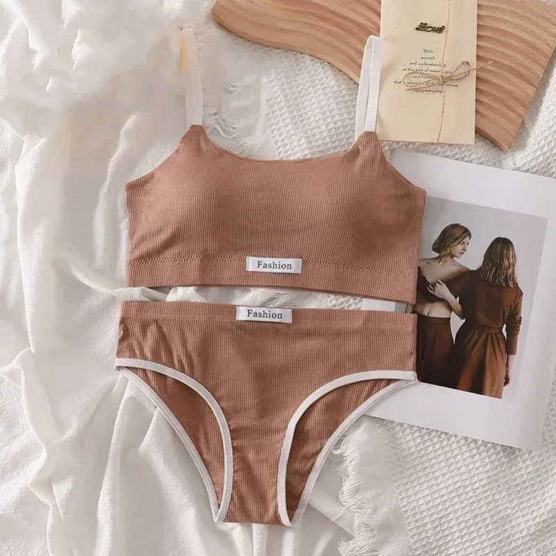 Women Cotton Seamless Bras Set Low Waist Panties Wire Free Tube Top Bra Sexy Lingerie Set Female Comfort Sports Underwear Set