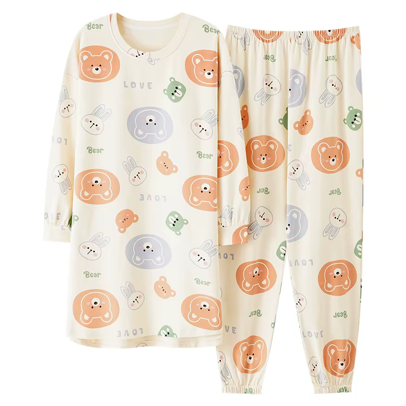 Big Size M-5XL Spring Knitted Cotton Pijamas Two Piece Set Long Sleeved Women Pyjamas Ladies Sleepwear Cute Cartoon Pijamas