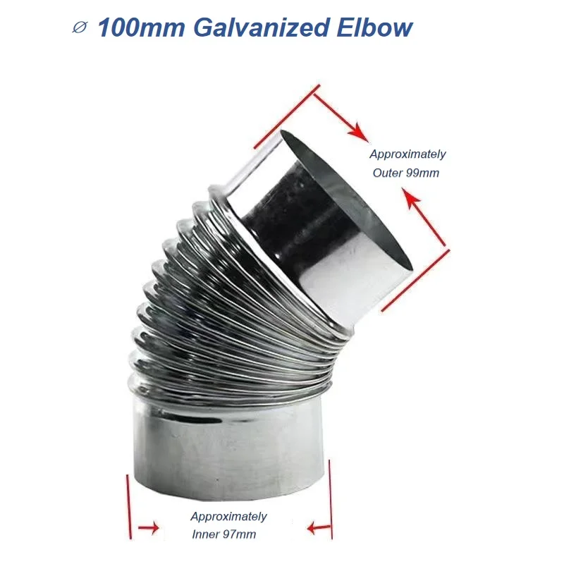 45° ∅ 100-200mm Smoke Duct Elbow Thread Ventilation Tube Connector Galvanized Exhaust Fitting for Return Air Furnace Bathroom