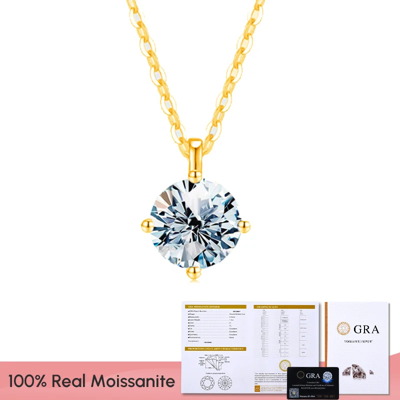 GRA Luxury Certified Moissanite Diamond Classic Round Pendant Necklace for Women Real 925 Sterling Silver Chain Wedding  Jewelry