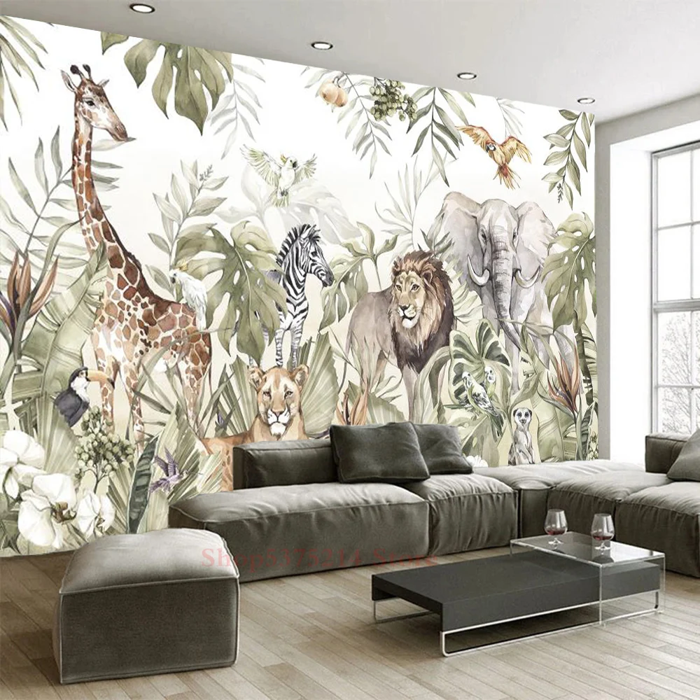 Jungle Animal Wallpapers 3D Home Decor For Children Room Tropical Leaf Lion Giraffe Zebra Art Photo Wall Paper Size Customizable
