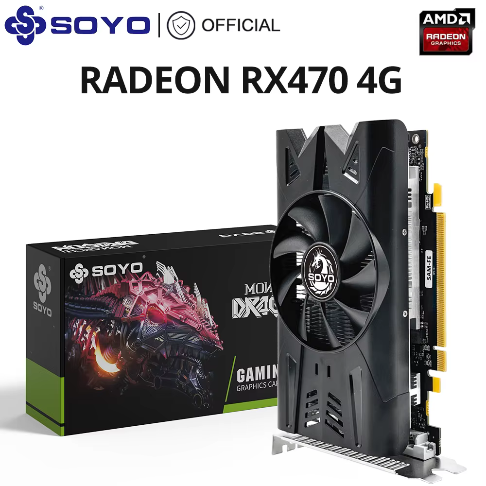SOYO AMD Radeon RX470 4G Graphics Card GDDR5 Memory 256Bit Gaming Card PCIE3.0x16 DP DVI HDMI for Desktop Computers