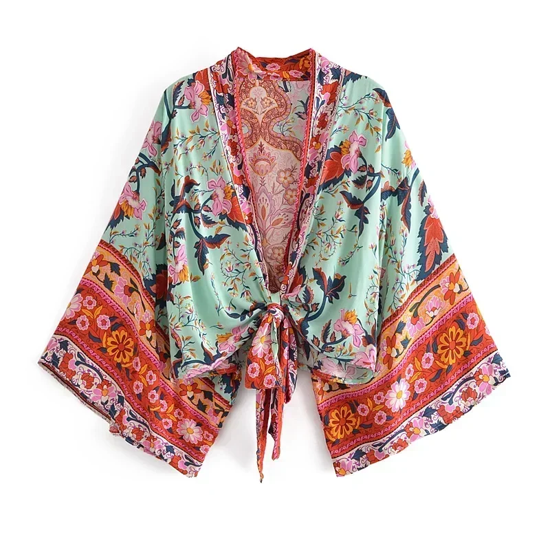 Boho Queens Floral Print Sashes Short  Kimono Women  New Fashion V Neck Batwing Sleeves Ladies Beach Bikini Cover-ups