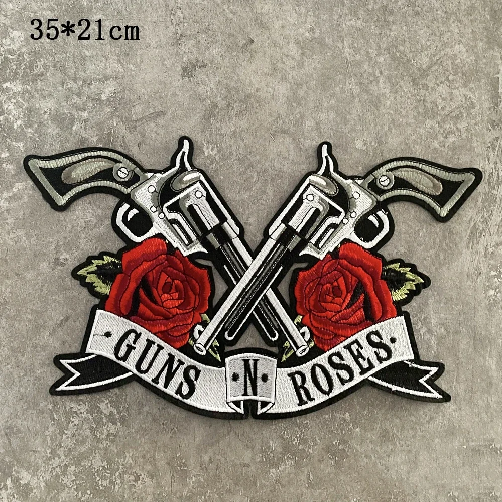 Large Double Gun Rose Flower Band Patches Embroidery Punk skull Armband Badge Iron On Patch Motorcycle Rider Clothing Decoration