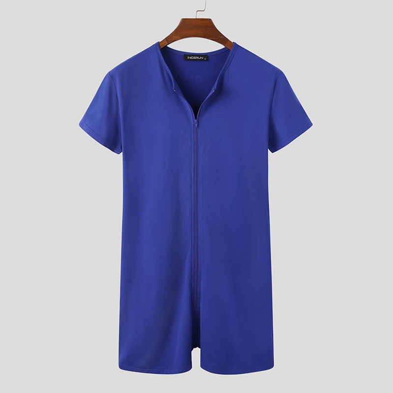 INCERUN 2024 Men Pajamas Rompers Solid Short Sleeve V Neck Zipper Cozy Sleepwear Playsuits Fitness Leisure Men Jumpsuit Homewear