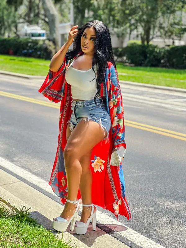 Summer Europe Fashion Women Silk Printed Open Front Long Cardigans Plus Size African Muslim Swimwear Kimonos For Holiday