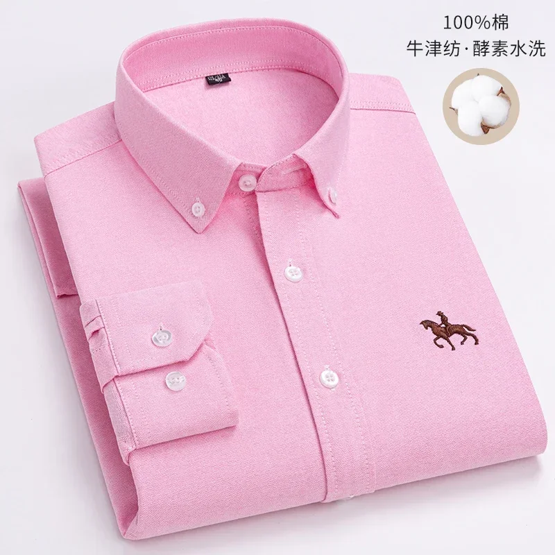 2024 Pure Cotton Oxford Man Leisure Embroidered Horse Shirts Streetwear Oversized  Men Shirt Floral Long Sleeve Casual Plus Size