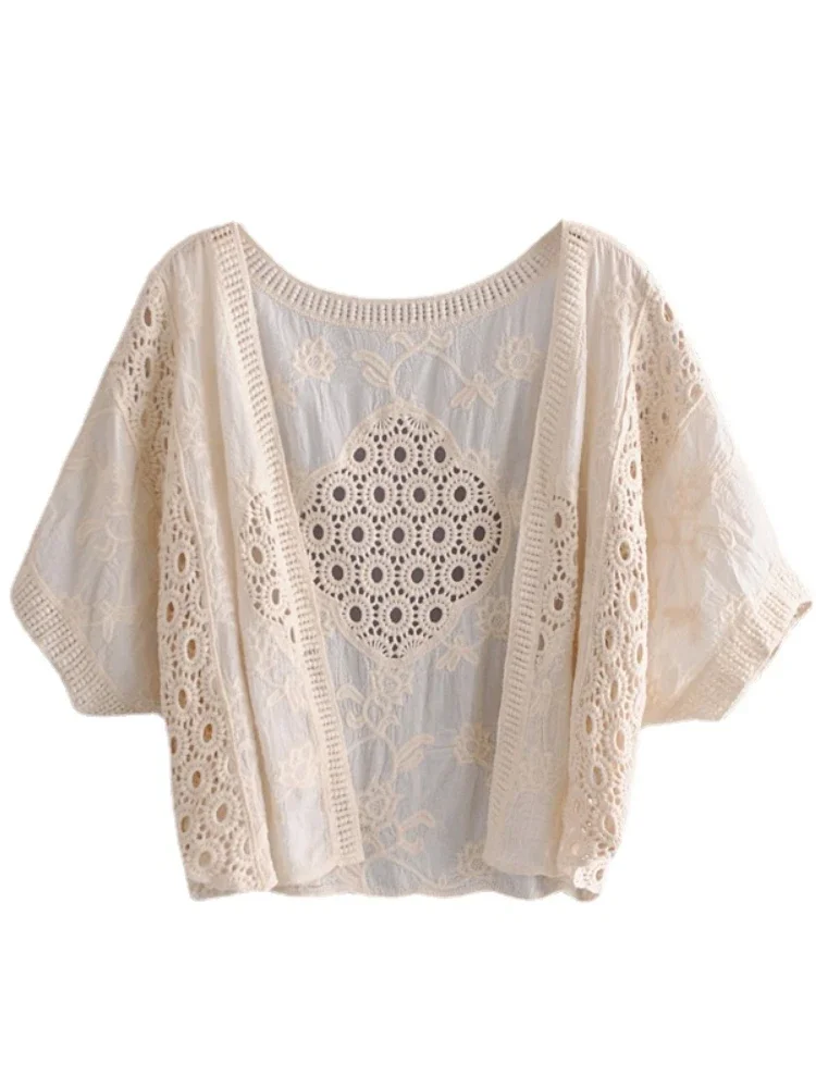 Vintage Chic Women White Lace Embroidery Blouses  Loose Crop Top Cardigan Short Sleeve Boho Shirts Blusas Cover-ups