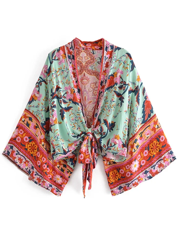 Vintage Peacock Floral Print Short Kimono Women Fashion Rayon Cotton Batwing Sleeves Ladies Beach Robe Bikini Boho Cover-ups