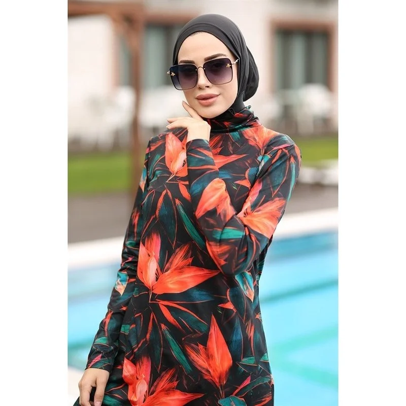 Muslim Swimwear Women Printed Stretch Full Cover Lslamic Clothes 3 piece Hijab Long Sleeves Sport Swimsuit Burkinis Bathing Suit