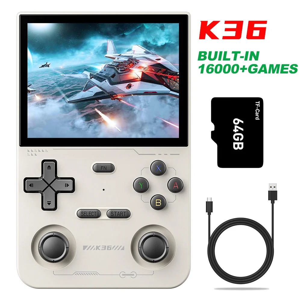 K36 Game Console Retro Handheld Video RK3326 Linux OS 3.5 inch 640*480 IPS Screen 64GB TF card 16000+ Games rechargeable Battery