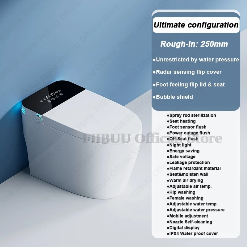 Luxury Smart Toilet Built In Water Tank Toilet Heated Seat Elongated Toilet Blackout Food flush Night Light Built-in Bidet Seat