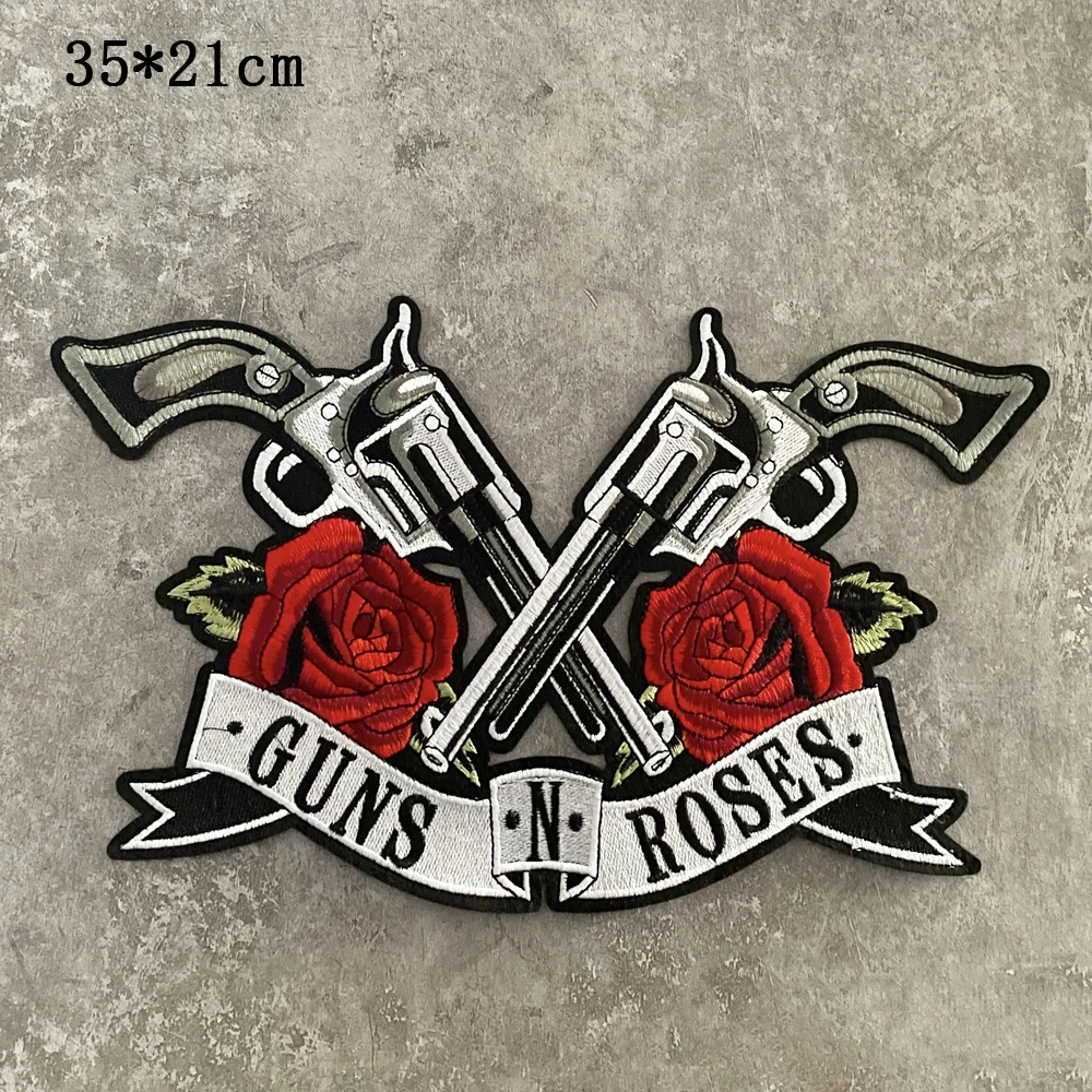 Large Punk Double Gun Rose Gunhua Band Embroidered Cloth Patch Motorcycle Knight Clothes Decoration Tactical Backpack Stickers