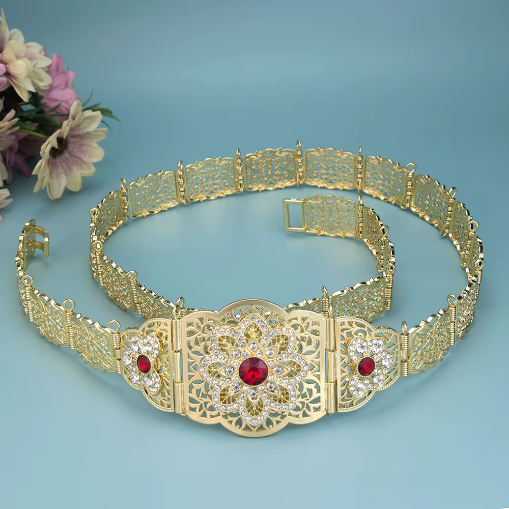 Sunspicems Moroccan Caftan Belt Gold Color Red Green Stone Algeria Wedding Dress Kaftan Abaya Arab Waist Chain Bridal Jewelry