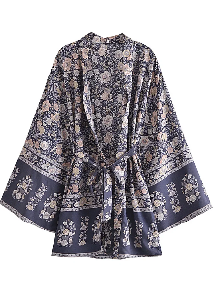 Multi Floral Print Sashes Kimono Women V Neck Batwing Sleeves Happie Bohemian Short Robe  Beach Boho Bikini Cover-ups