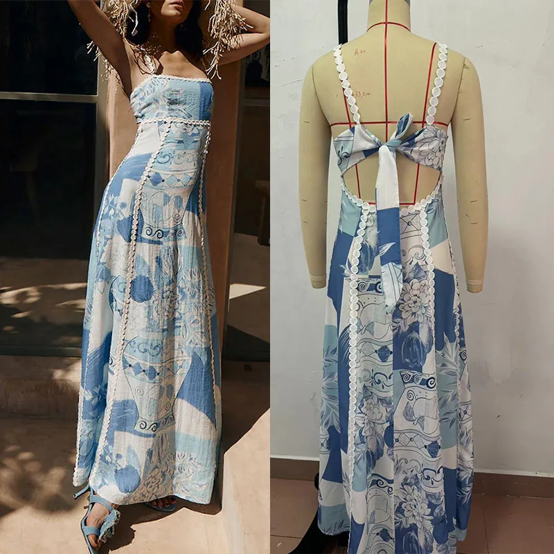 Linen Strapless Suspender Sexy Maxi Dress Women Lace Backless Large Hem  Fashion Printed Long Skirt 2024 New Holiday Vestidos